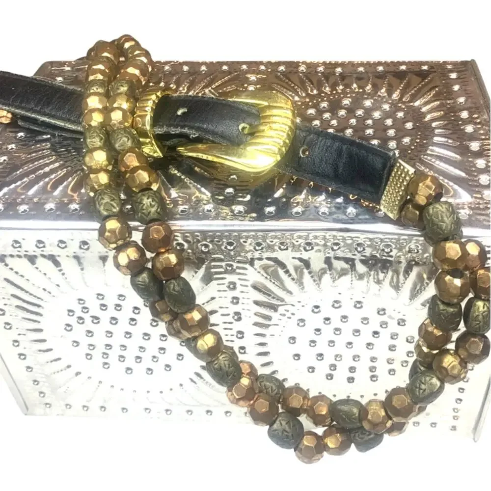 Expres! Womens Beaded Belt Medium Bronze r Brass Buckle Dressy Casual